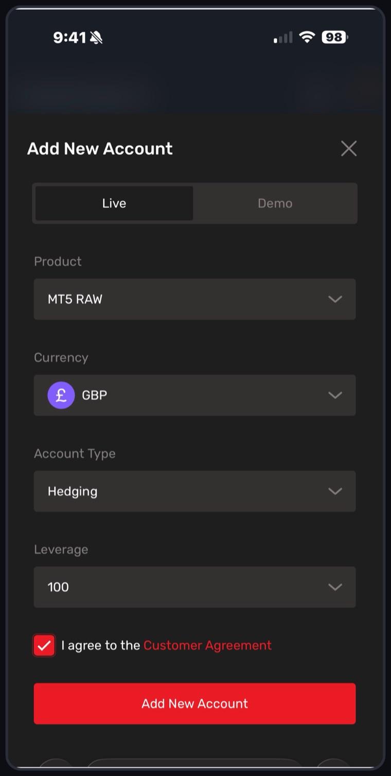 TradeQuo Add New Account form on iPhone with Live selected, MT5 RAW, GBP, Hedging and leverage 100