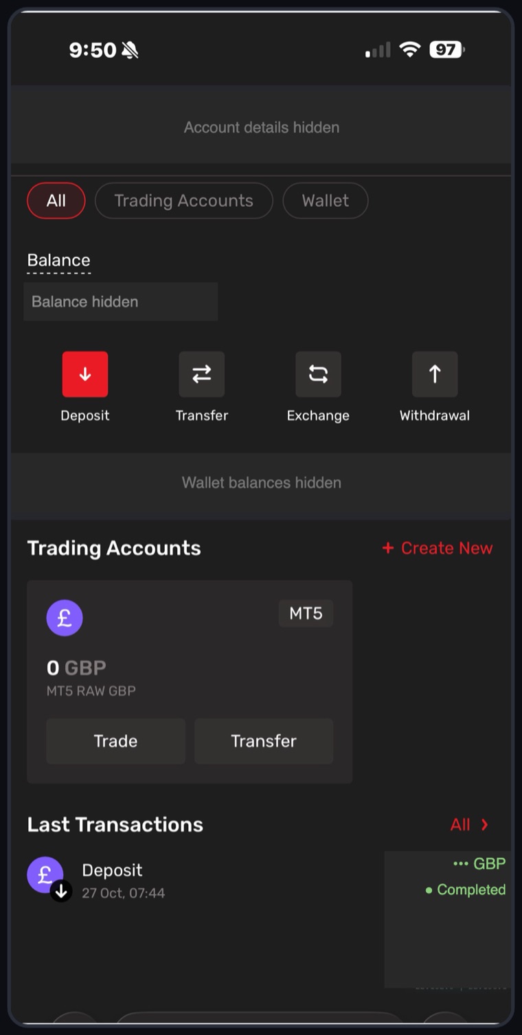 TradeQuo home screen with the wallet and the new MT5 trading account at zero