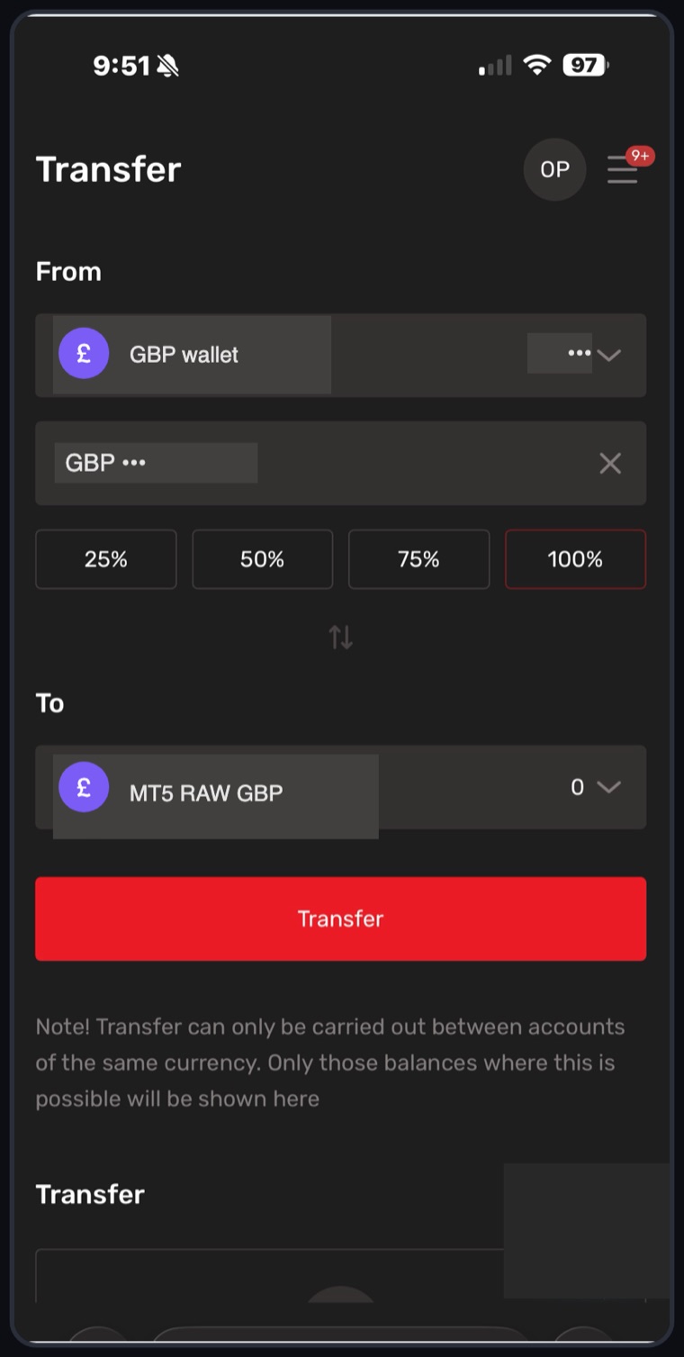 TradeQuo transfer screen moving funds from the GBP wallet to the MT5 RAW GBP account