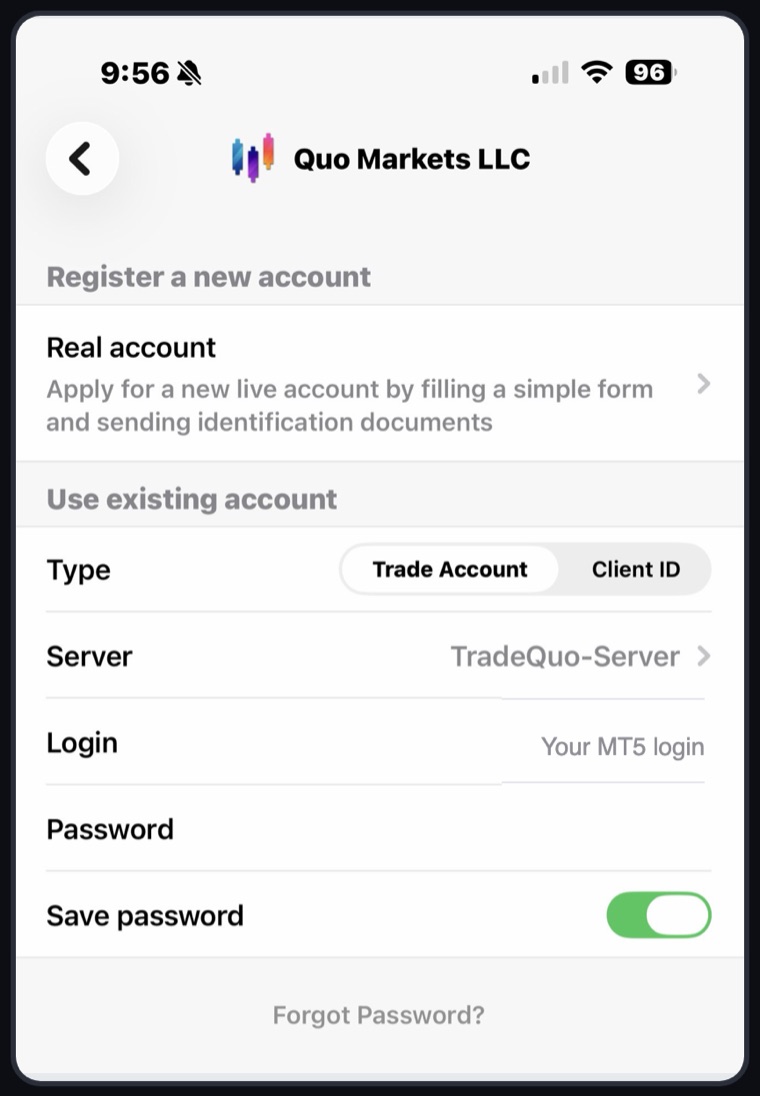 MetaTrader 5 Quo Markets LLC screen with Use existing account, Trade Account and the TradeQuo-Server server