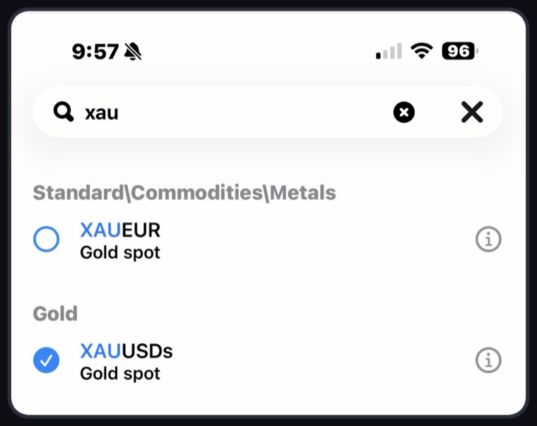 MetaTrader 5 Quotes search for xau showing XAUUSDs under Gold with the selection circle ticked
